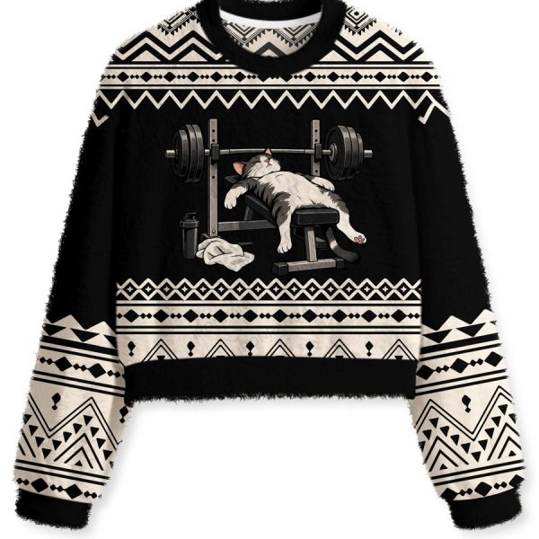 TIRED GYM CAT AFTER WORKOUT Fuzzy Fleece Crop Sweater