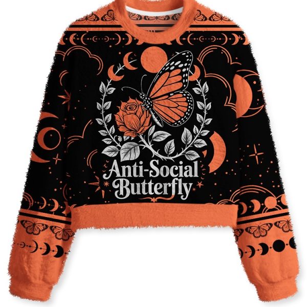 ANTI-SOCIAL BUTTERFLY Fuzzy Fleece Crop Sweater