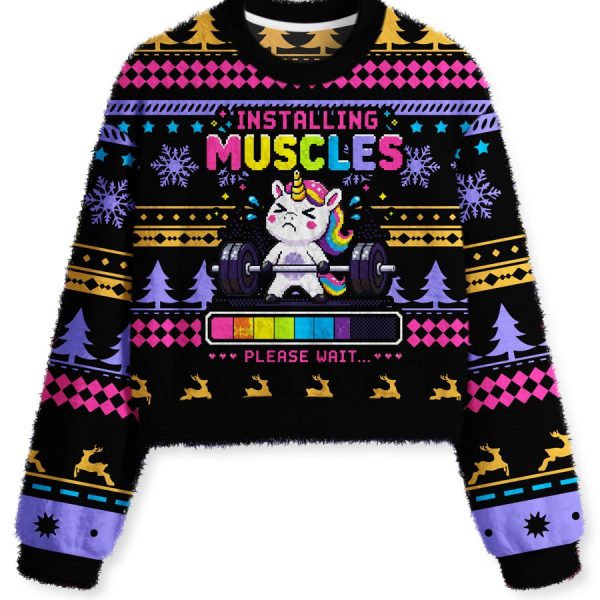 INSTALLING MUSCLES PLEASE WAIT MUSCLE UNICORN Fuzzy Fleece Crop Sweater