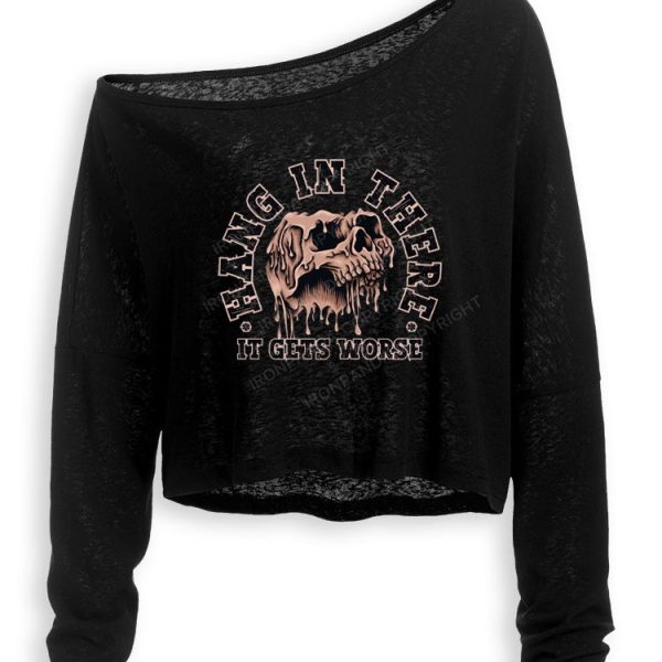Hang In There It Gets Worse Weightlifting Off Shoulder Long Sleeve Crop Top