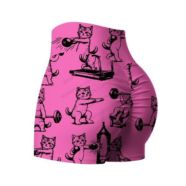 Fitness Kittens Who Love Lifting Weights Printed Yoga Shorts